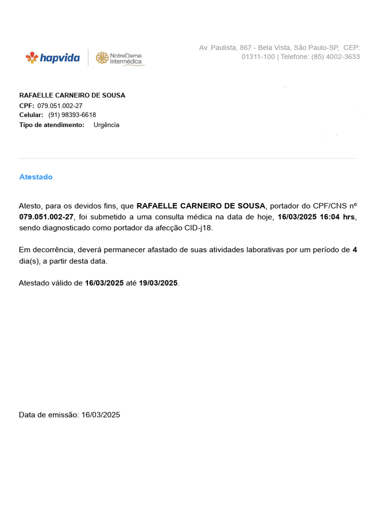 Atestado Médico CID J18 - 4 Dias | PDF