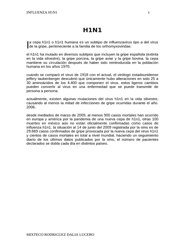 H1N1 | PDF | Virus de la Influenza A Subtipo H1 N1 | Influenza