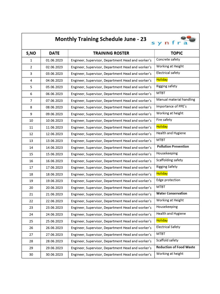 June 2023 Safety Training Schedule | PDF | Waste | Natural Environment