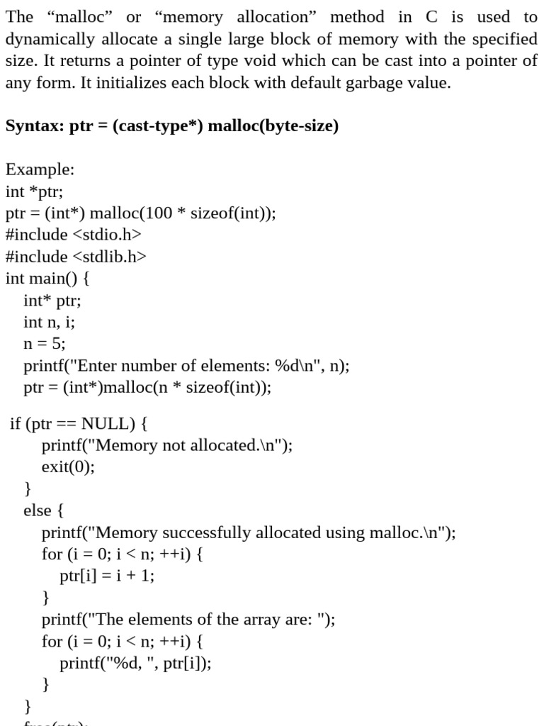 Dynamic Memory Allocation in C Arrays | PDF | Pointer (Computer ...