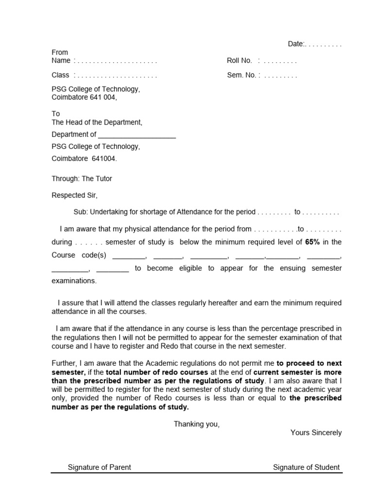 Attendance Shortage Undertaking Form | PDF