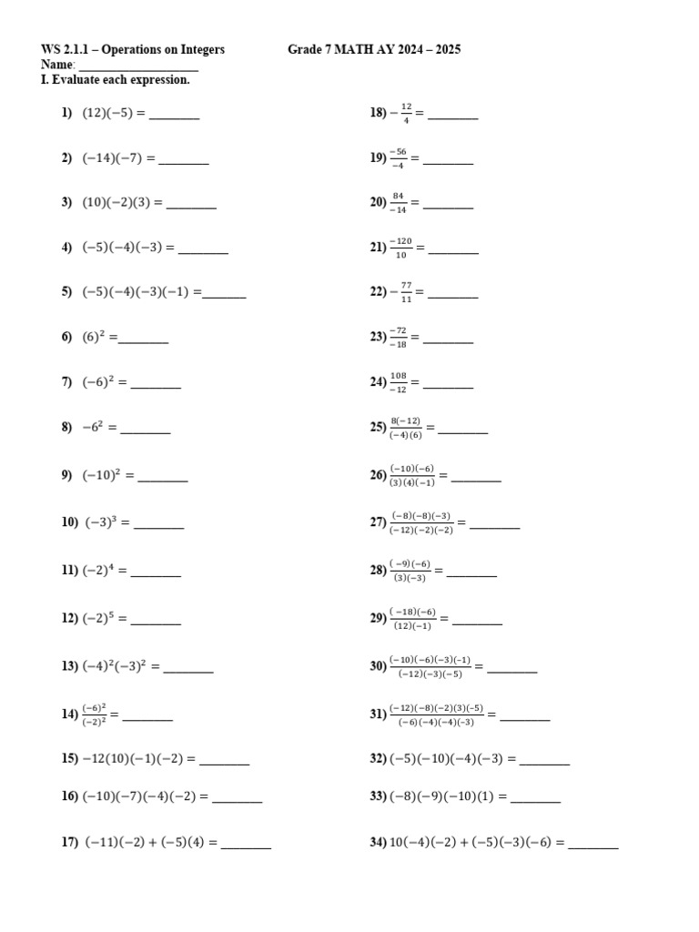 WS 2.1.1 - Multiplication and Division of Integers | PDF
