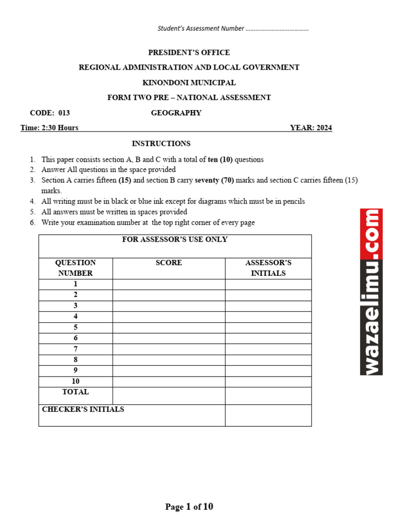 Form Two Geography Pre-National Exam 2024 | PDF | Earth Sciences