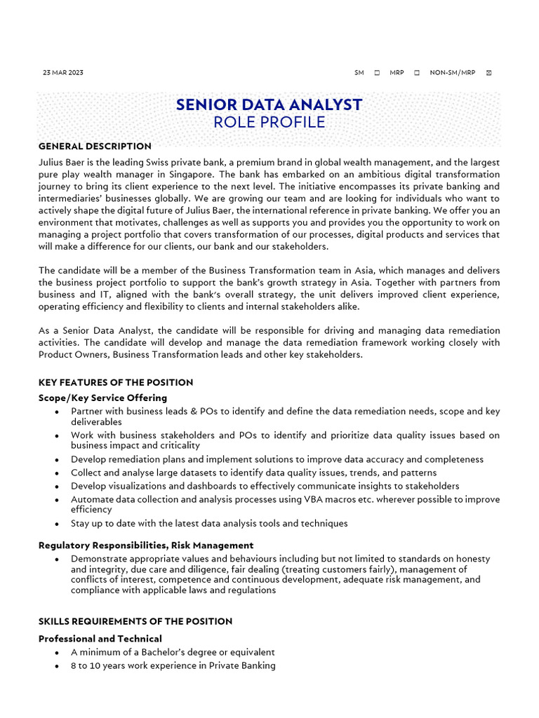 Senior Data Analyst Role at Julius Baer | PDF | Information Technology ...