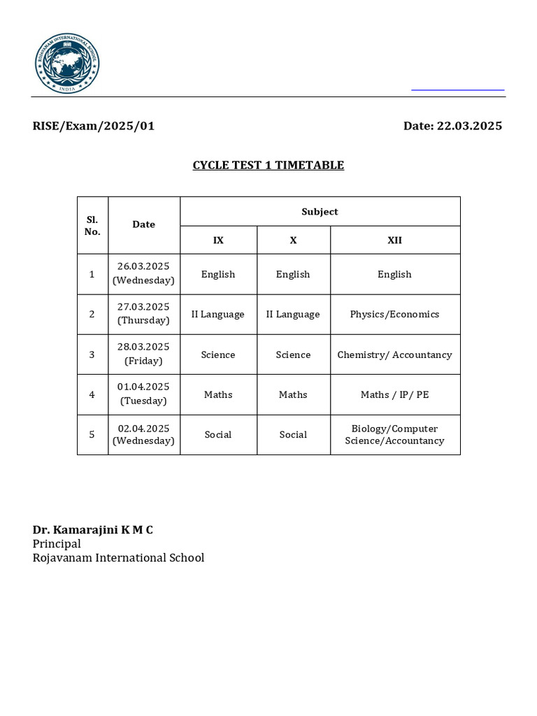 Rojavanam School Cycle Test Timetable | PDF