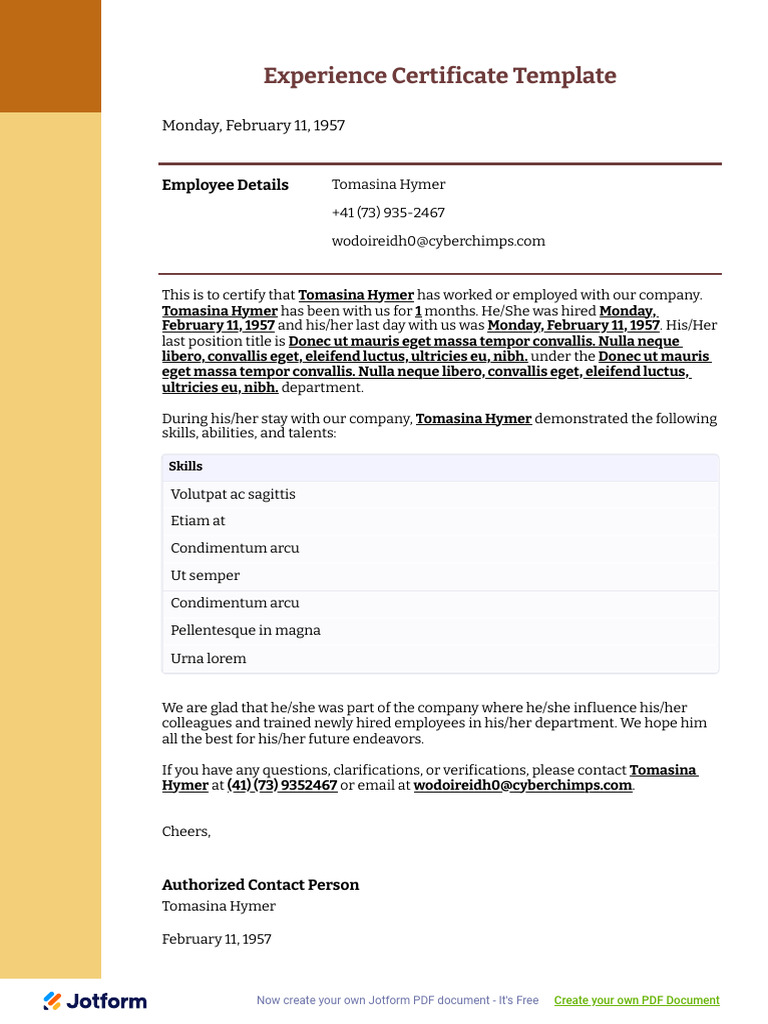 Experience Certificate Template: Monday, February 11, 1957 | PDF