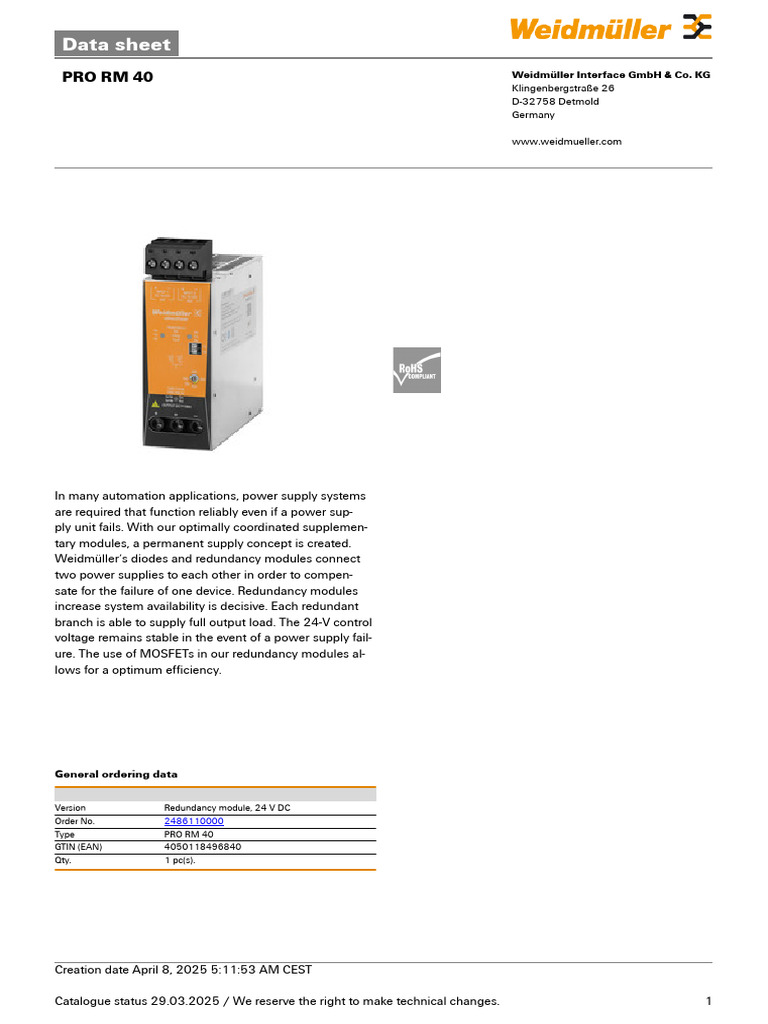 PRO RM 40 Redundancy Module Overview | PDF | Power Supply | Electrical ...