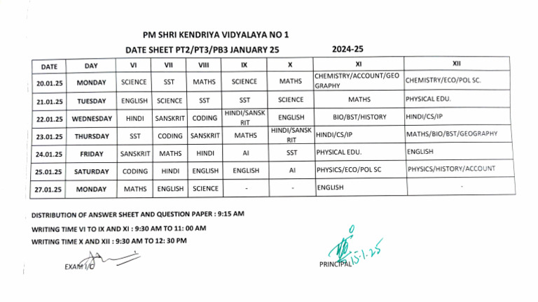 Exam Schedule for January 2025 | PDF