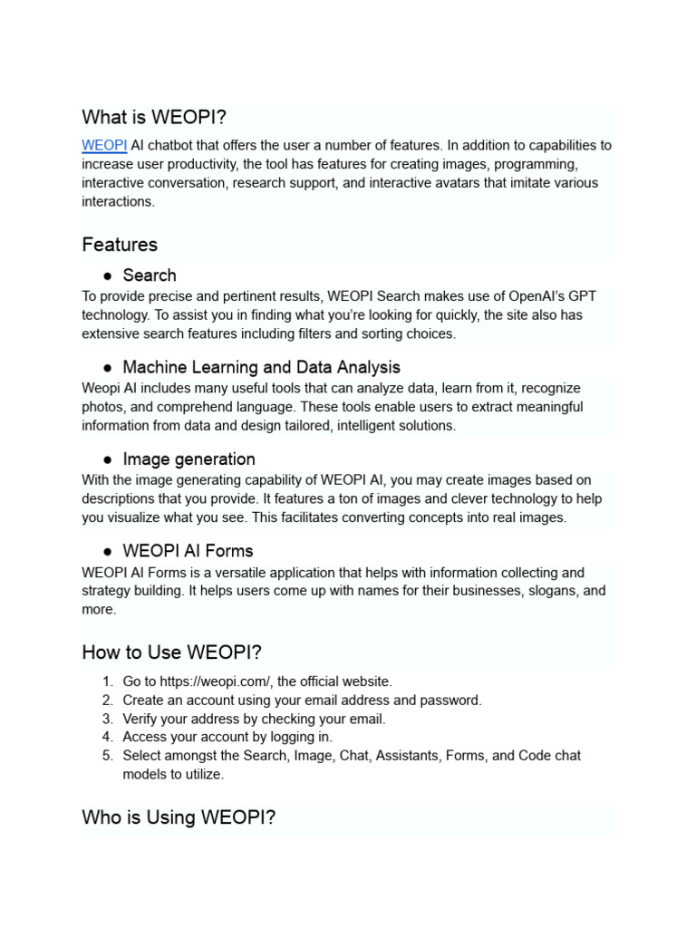 Overview of WEOPI AI Features | PDF | Artificial Intelligence ...