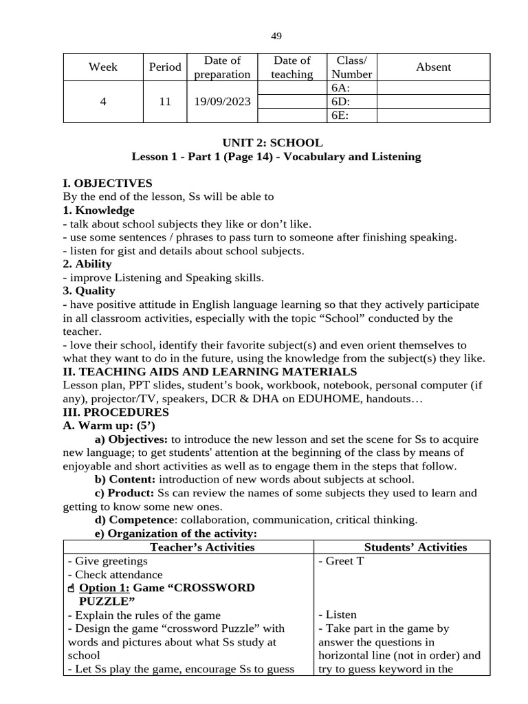 UNIT 2 - LESSON 1 - PART 1 - Vocabulary and Listening | PDF ...
