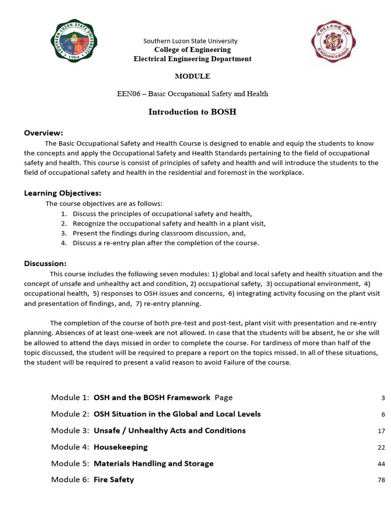 BOSH Course: Occupational Safety Basics | PDF | Occupational Safety And ...