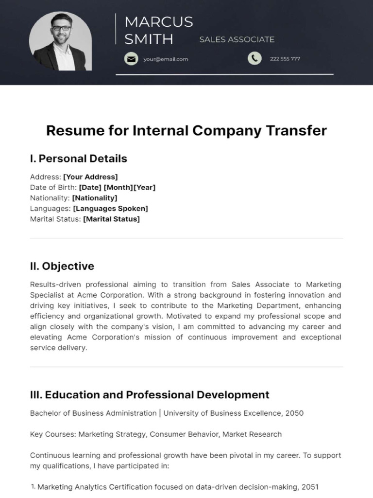 Resume For Internal Company Transfer Template Edit Online 1 | PDF
