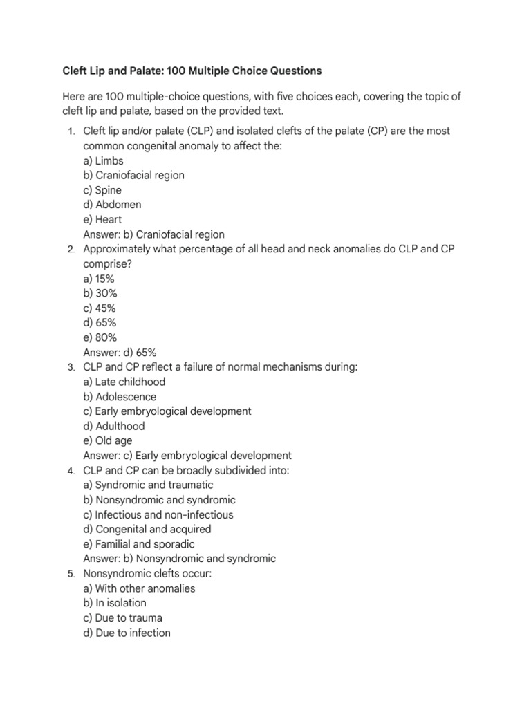 Cleft Lip and Palate MCQs Guide | PDF | Human Head And Neck | Human Anatomy