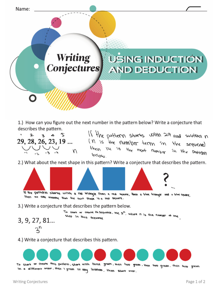 WritingConjecturesUsingInductionAndDeduction Worksheet | PDF