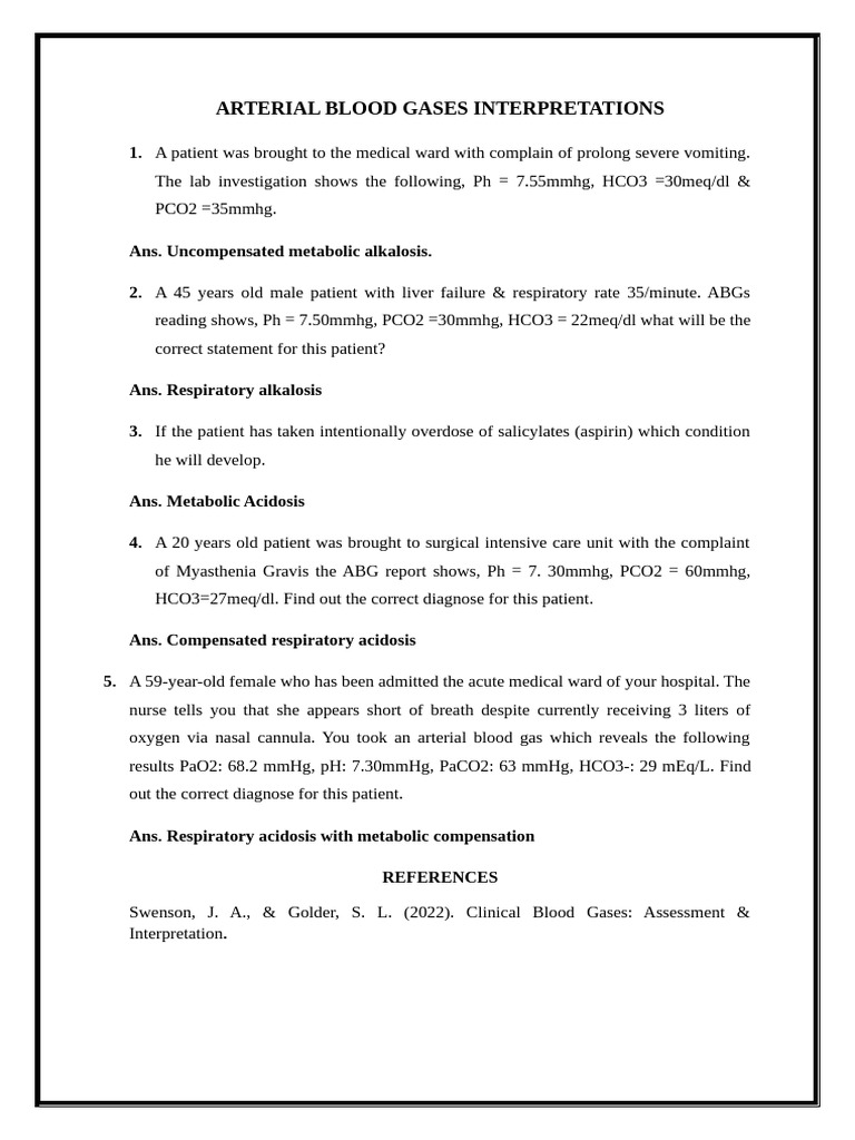 Arterial Blood Gases Interpretations | PDF