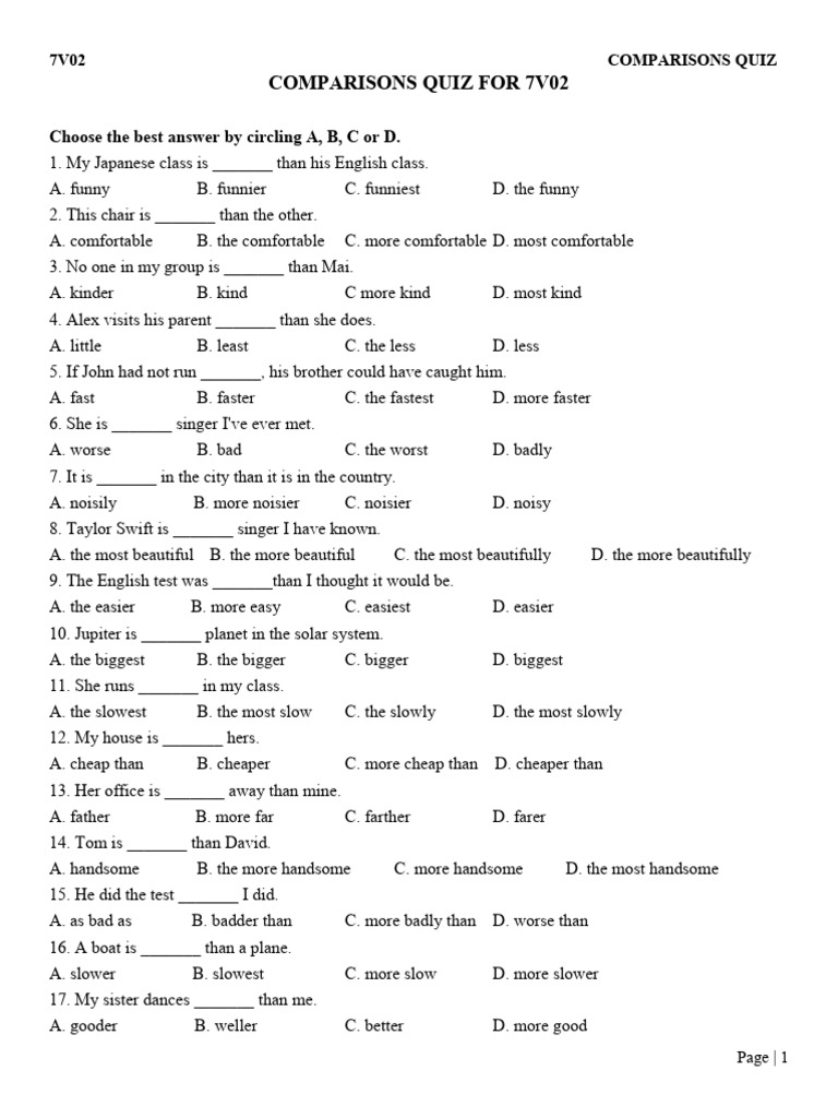 Comparisons Quiz for 7V02 Students | PDF