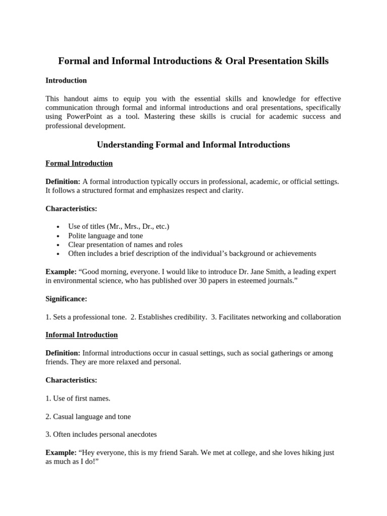 formal informal introduction and oral presentation skills | PDF ...