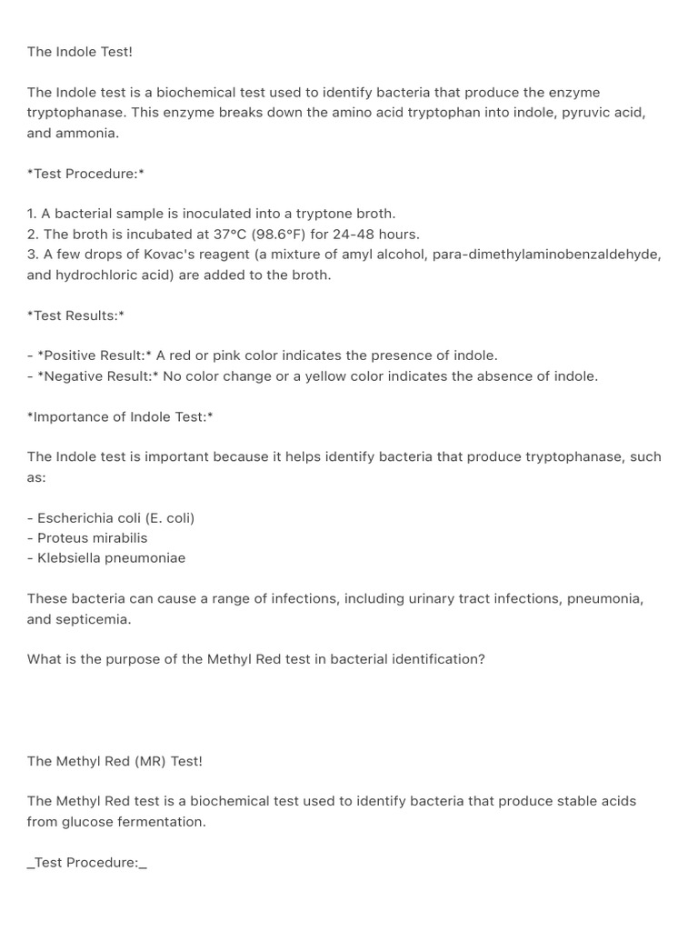 Indole Test for Bacterial Identification | PDF | Growth Medium ...