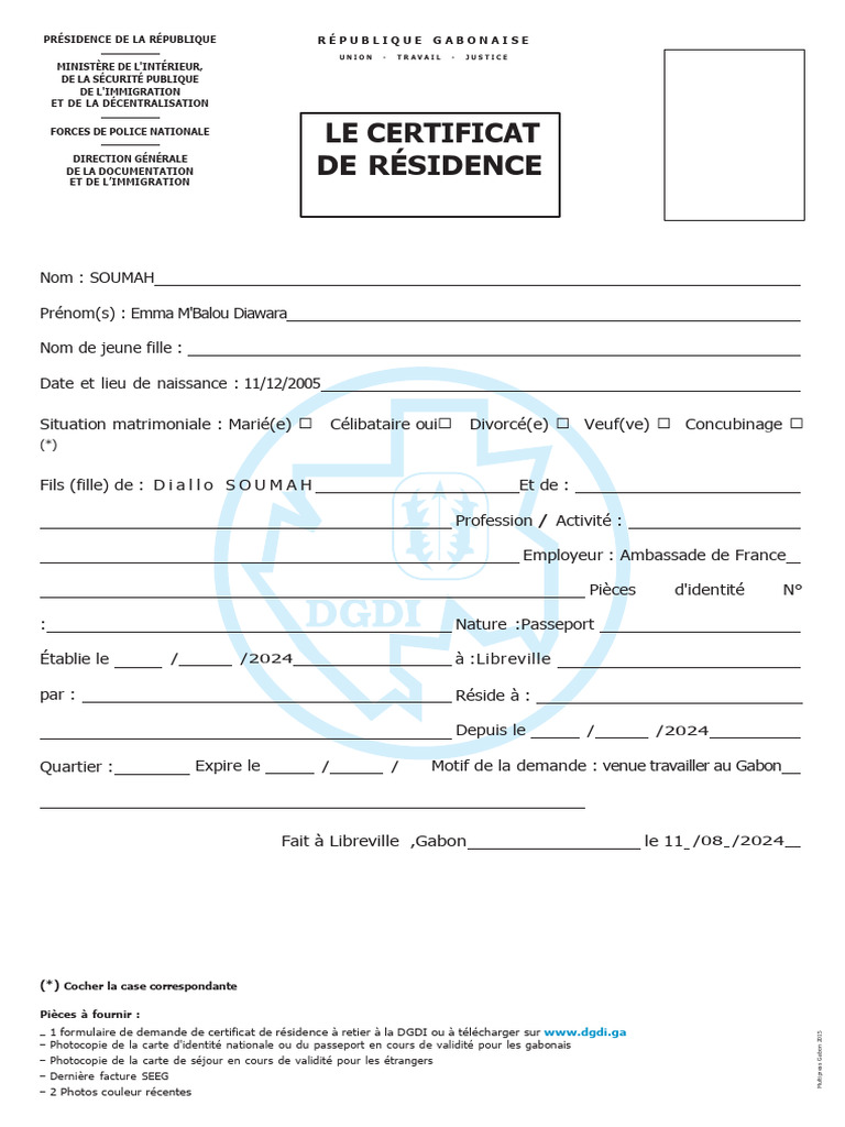 Demande de carte de séjour Gabon | PDF | Gouvernement et identité