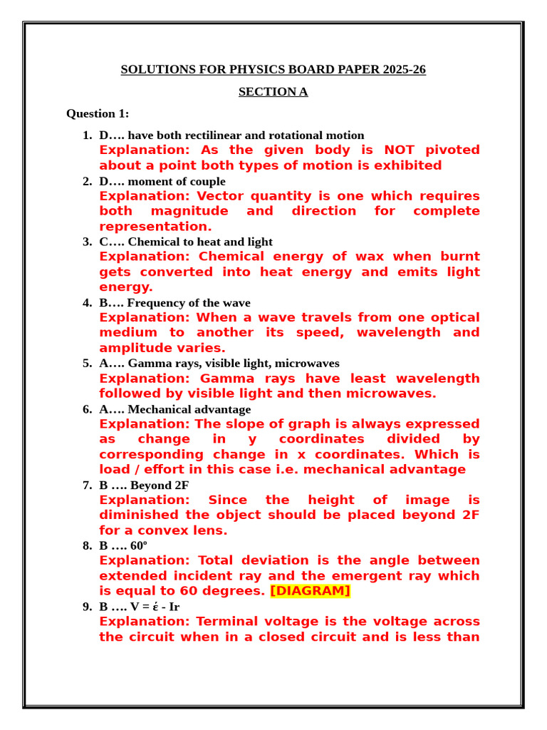 Solutions For Physics Board Paper 2025 Pdf Refraction Light