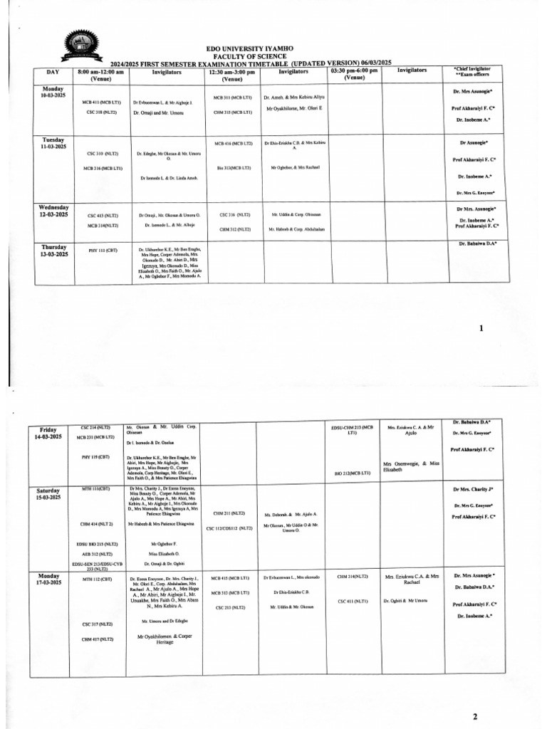 Updated Fac of Sc. Exam Timetable For 1st Sem 2024 2025 | PDF