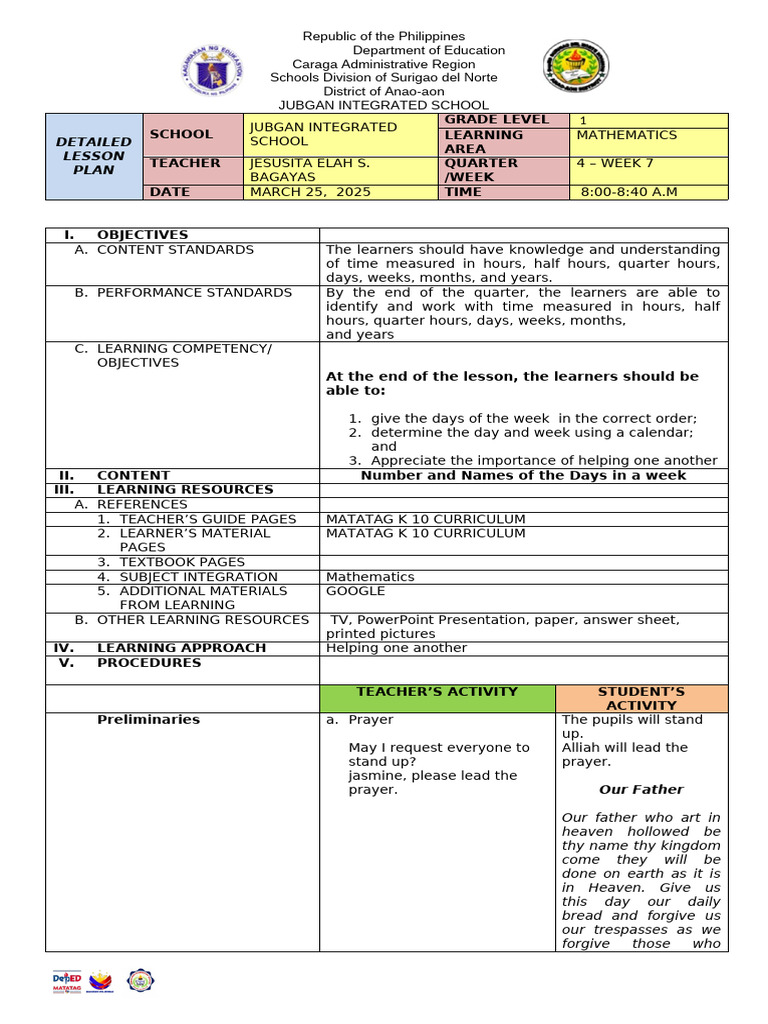 Grade 1 Math Lesson Plan: Days of the Week | PDF | Curriculum | Lord's ...