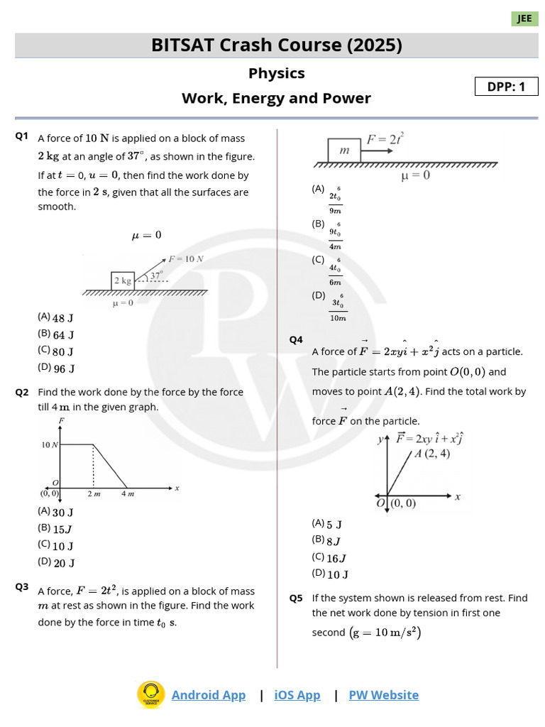 Work Energy and Power DPP 01 Extra DPP BITSAT | PDF | Force | Applied ...