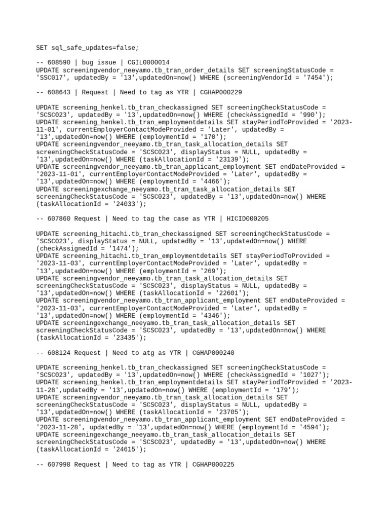 SQL Updates for Screening Status Codes | PDF