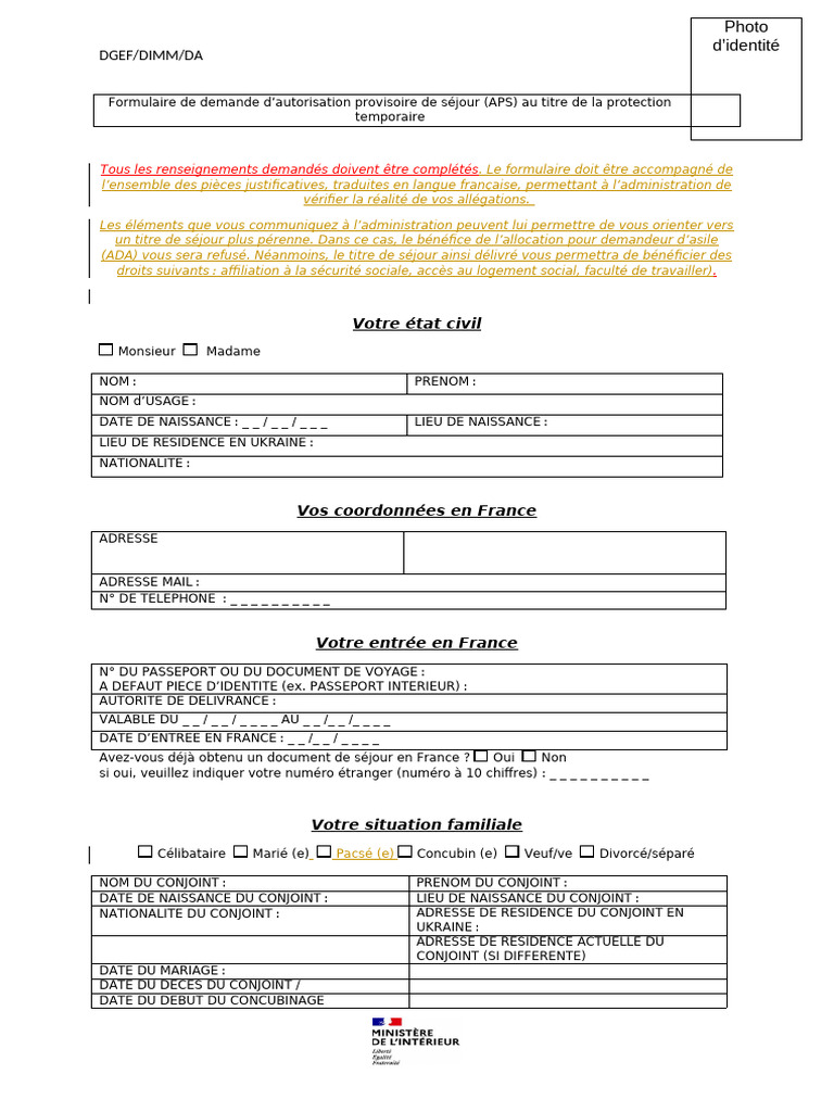 Demande d'APS : Formulaire et Infos | PDF | Passeport