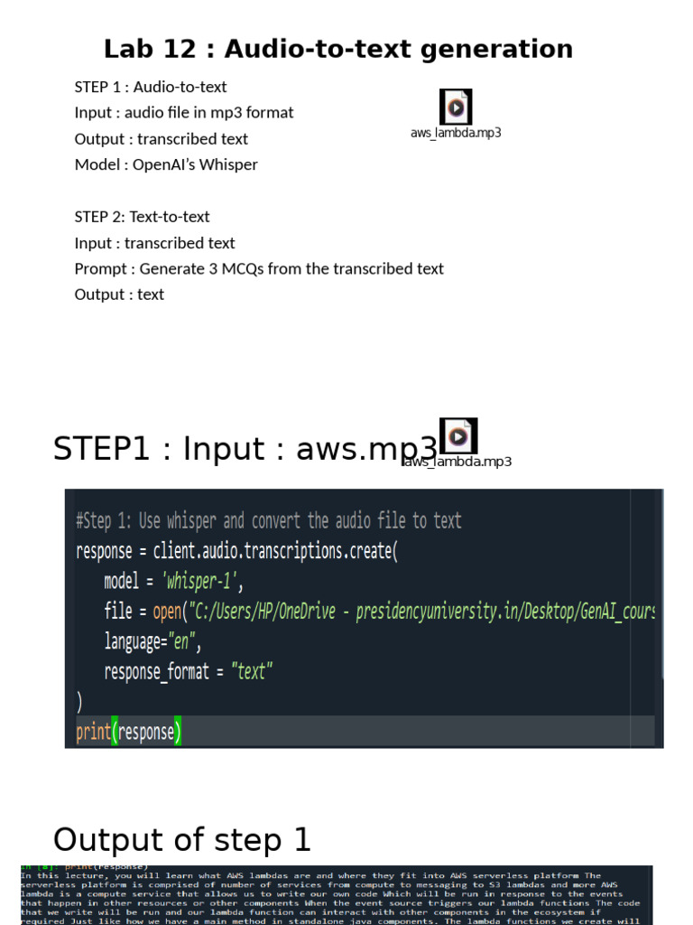 Audio-to-Text and MCQ Generation Lab | PDF
