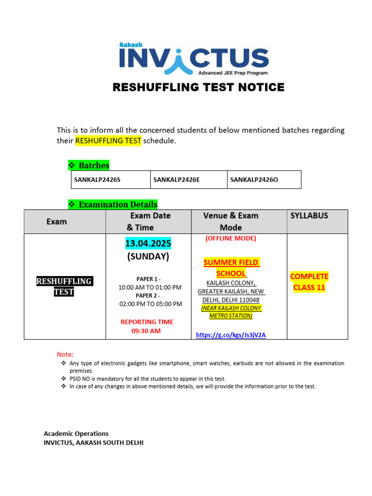 Reshuffling Test Schedule for Students | PDF