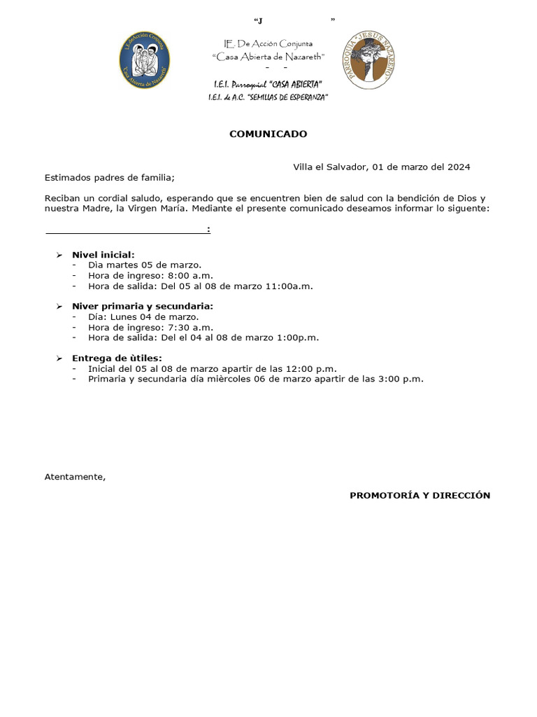Inicio de Clases 2024 en Casa Abierta | PDF