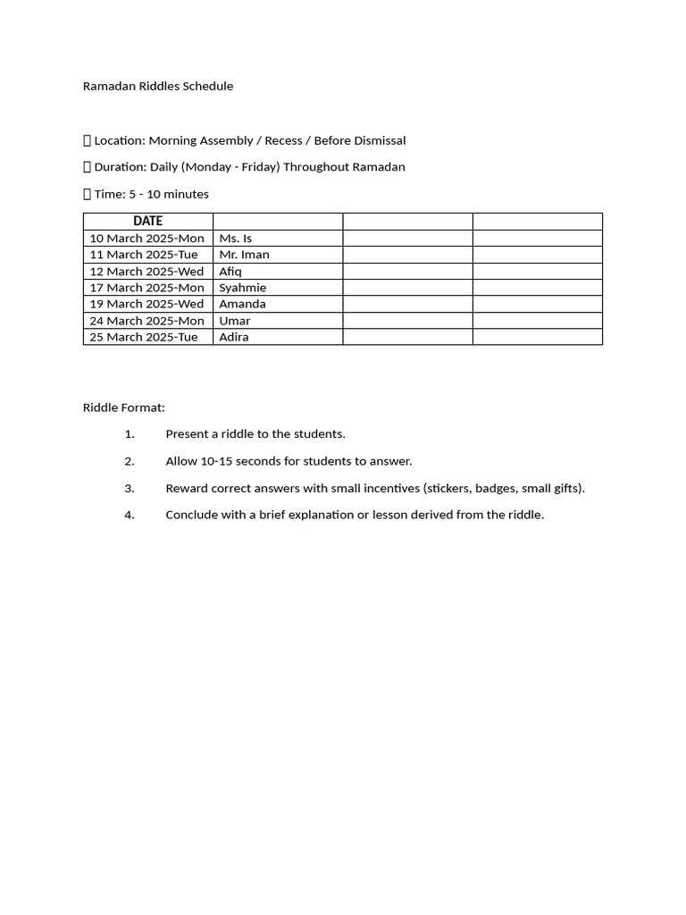Ramadan Riddles Schedule-Rangers | PDF