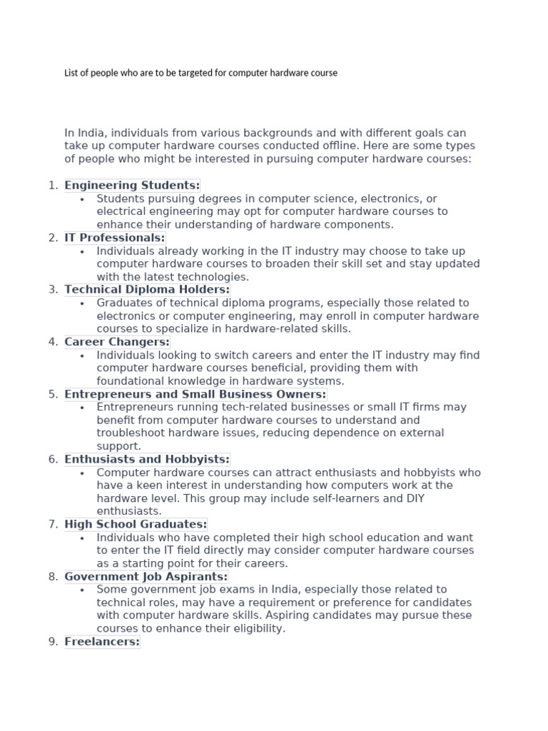 List of People Who Are To Be Targeted For Computer Hardware Course ...