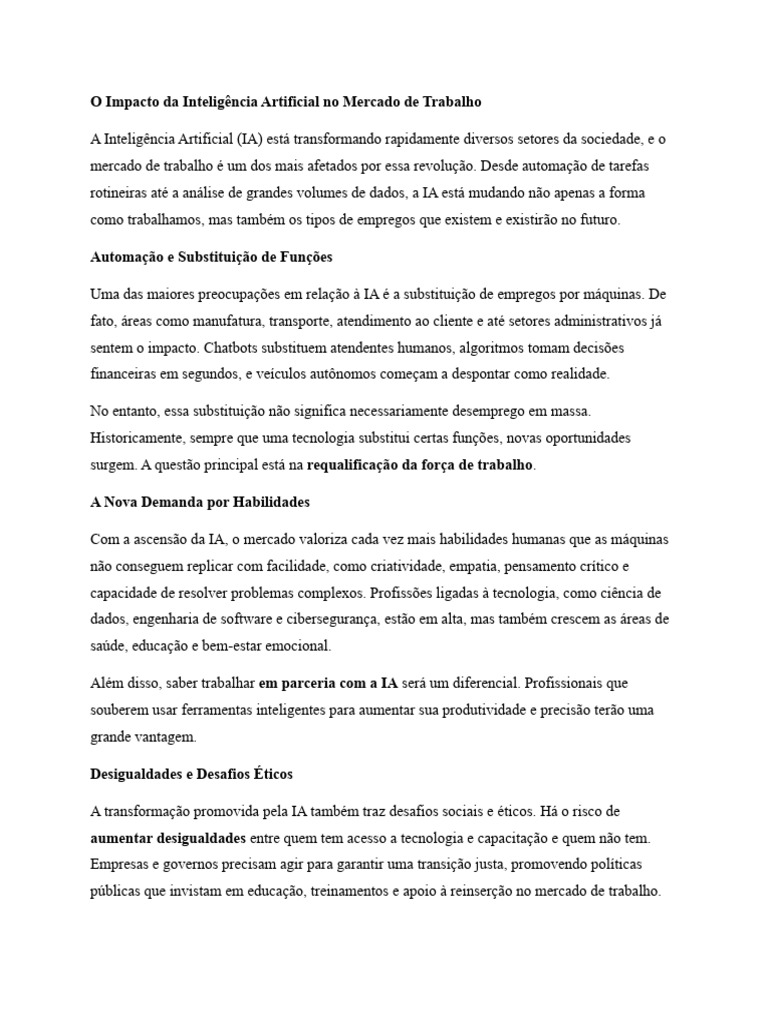 Impacto da IA no Mercado de Trabalho | PDF | Inteligência artificial ...