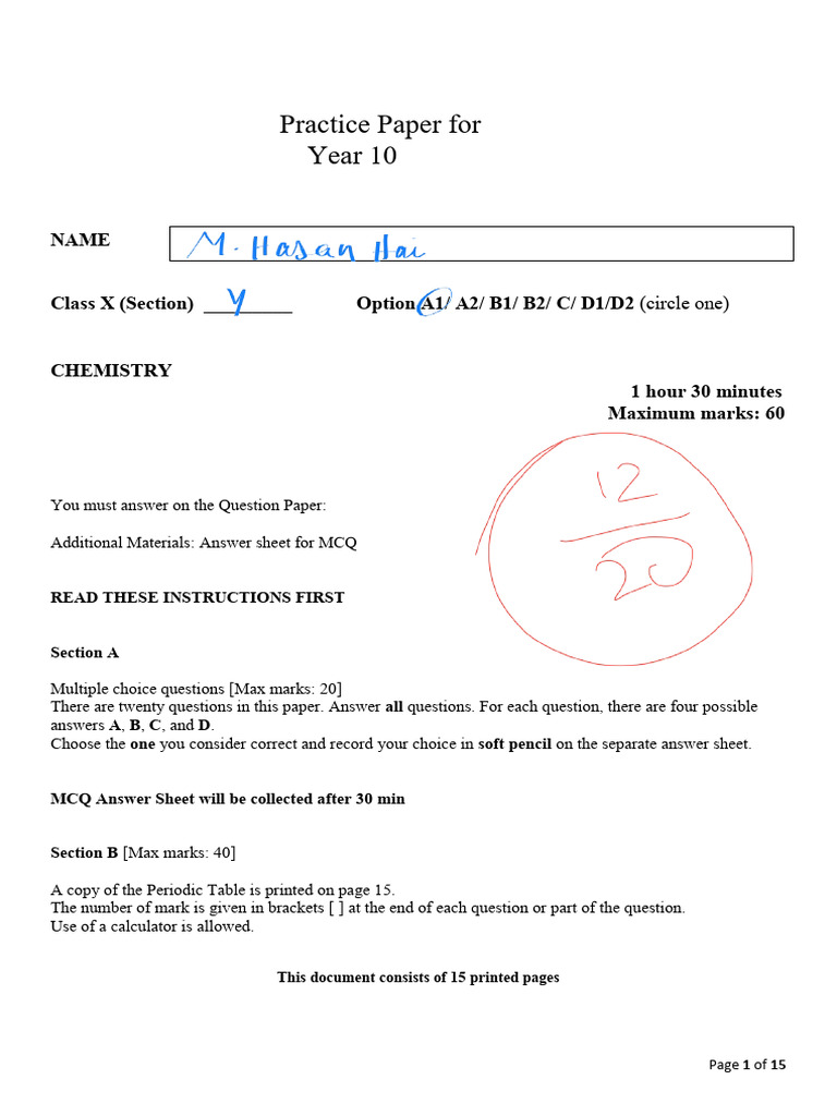 Year 10 Chemistry Practice Paper | PDF | Chemical Reactions | Ammonium