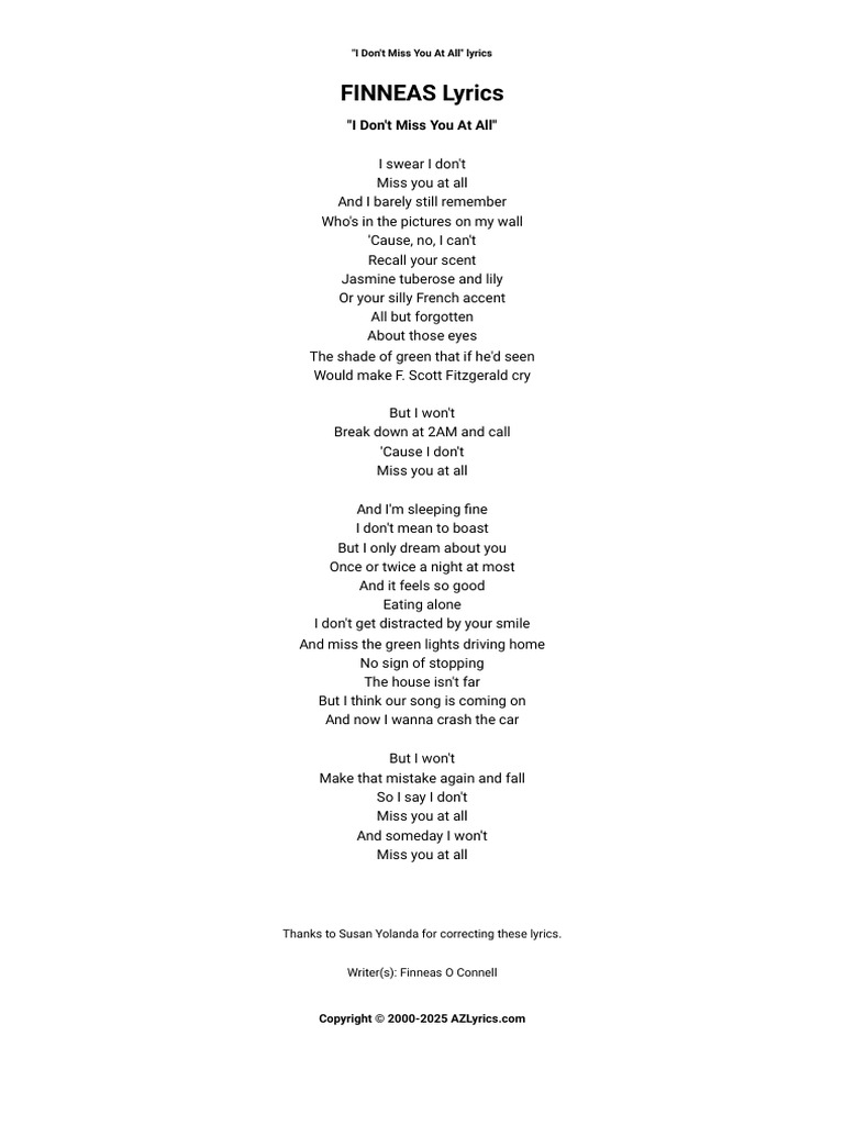 FINNEAS - I Don't Miss You at All Lyrics | PDF