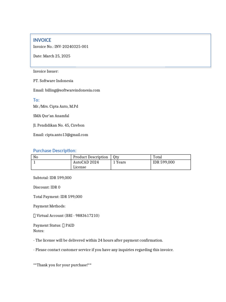 AutoCAD License Invoice - Indonesia | PDF