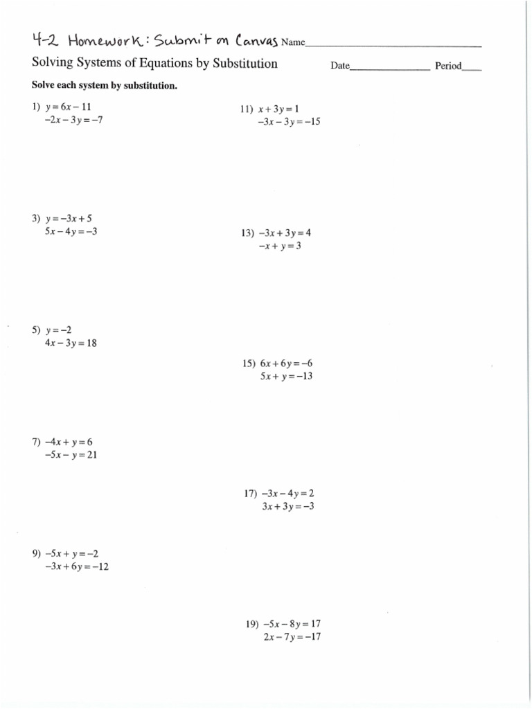 4-2 - Solving Systems of Equations by Substitution Homework | PDF