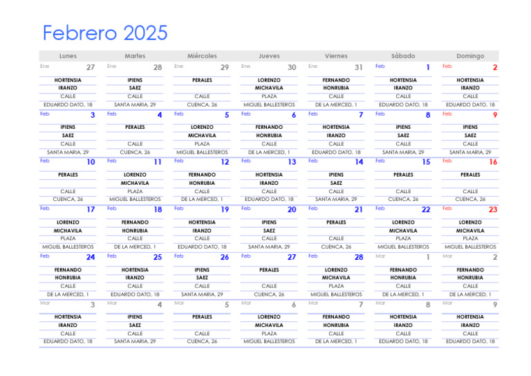 Calendario de Eventos Febrero 2025 | PDF