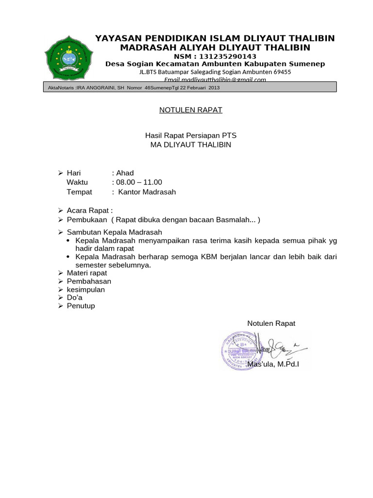 Notulen Rapat PTS MA Dliyaut Thalibin | PDF