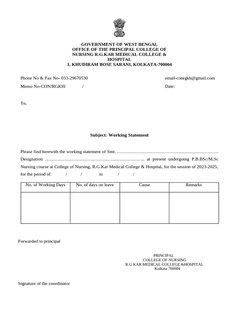 Working Statement for Nursing Course | PDF