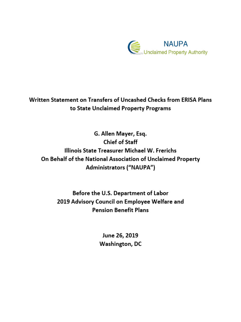 2019 Permissive Transfers of Uncashed Checks From Erisa Plans To State ...