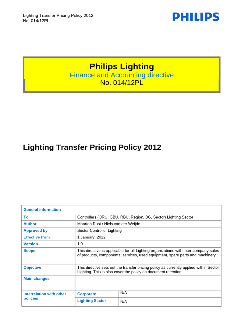 Philips Lighting Transfer Pricing Policy 2012 | PDF | Cost | Prices