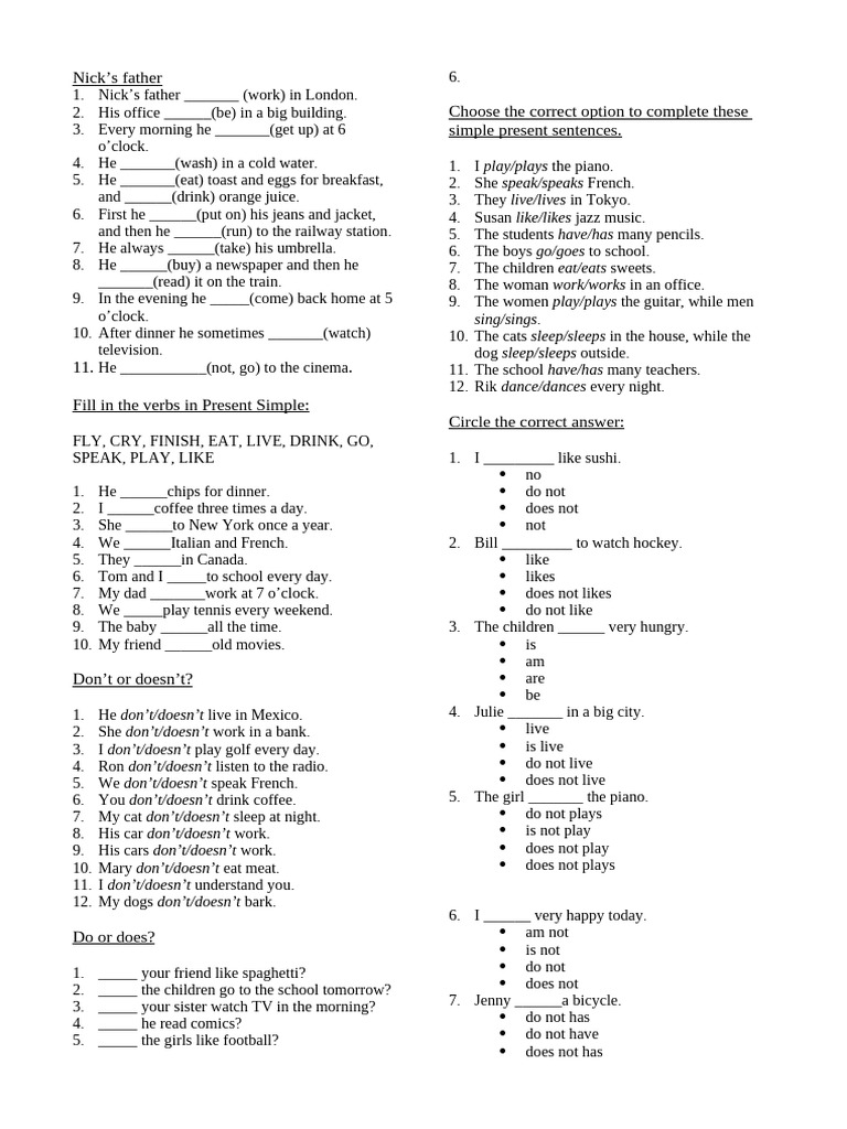 Present Simple Tense Exercises | PDF