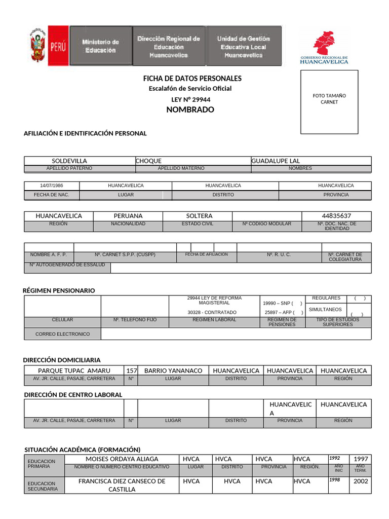Ficha de Datos Personales Docente | PDF