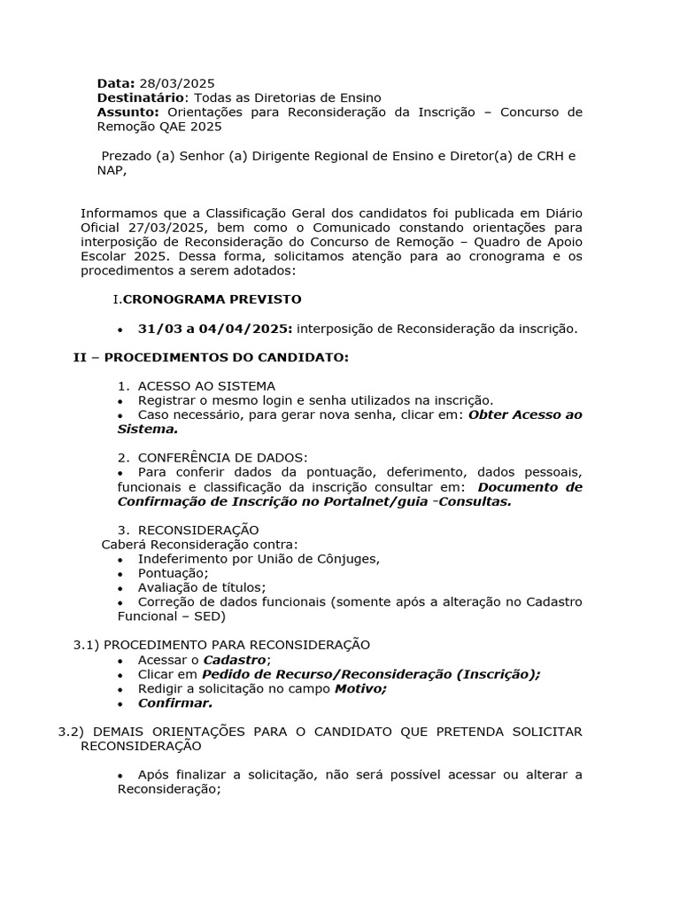 Reconsideração Inscrição Concurso QAE 2025 | PDF