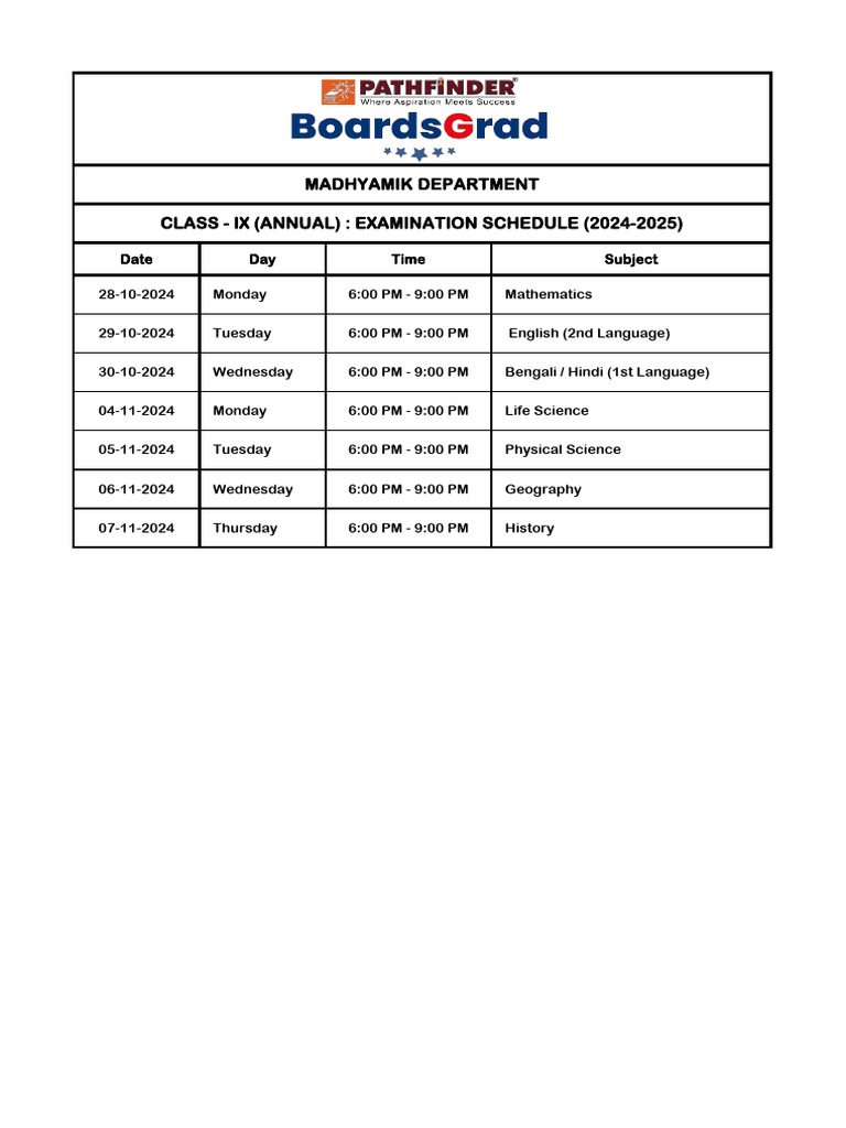 Class 9 Exam Schedule 2024-2025 | PDF