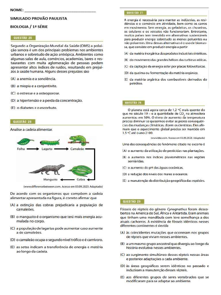 Simulado Provão Biologia 1 Série | PDF