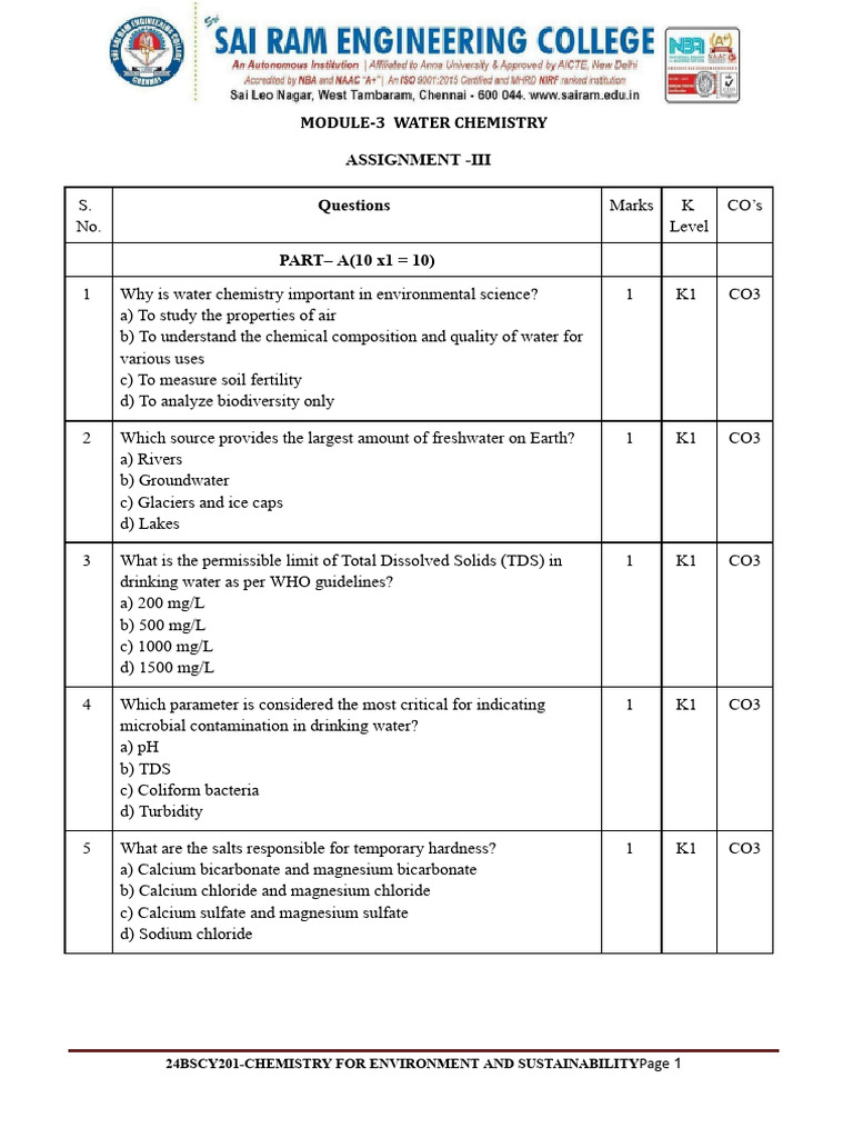 Water Chemistry Assignment Overview | PDF | Carbonate | Water